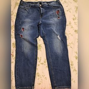 Lane Bryant size 28 distressed skinny blue jeans with flannel patches